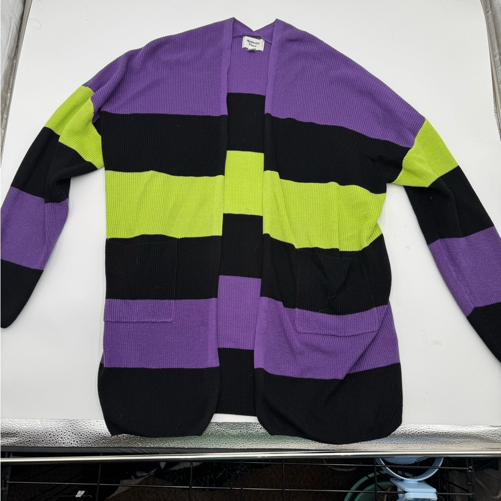 Magnolia Place Striped Cardigan Purple Black Lime Green Halloween Gothic OS